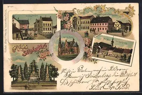 Lithographie Seidenberg, Markt, Evang. Kirche, Evang. Schule, Kriegerdenkmal