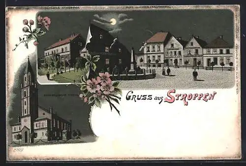 Lithographie Stroppen, Schloss, Ring mit Kriegerdenkmal, Evangelische Kirche