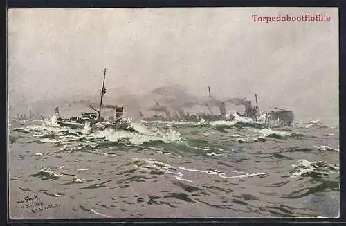 Künstler-AK Hans Bohrdt: Kriegsschiffe, Ein Depeschenboot des Flottenflaggschiffs, Im Hintergrund Hochseetorpedoboote