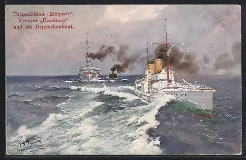 Künstler-AK Hans Bohrdt: Torpedoboot Sleipner, Kreuzer Hamburg und ein Depeschenboot