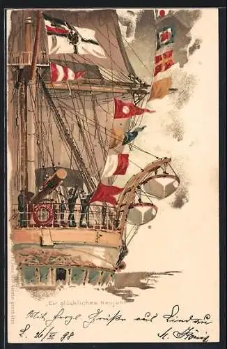 Künstler-AK Hans Bohrdt: Signal des Kriegsschiffes Ein glückliches Neujahr