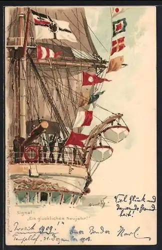 Künstler-AK Hans Bohrdt: Signal des Kriegsschiffes Ein glückliches Neujahr