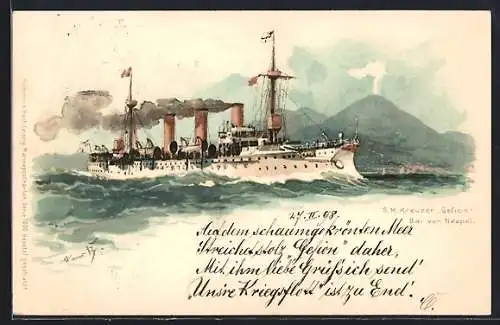 Künstler-AK Hans Bohrdt: der S. M. Kreuzer Gefion in der Bucht von Neapel, Kriegsschiff der Kaiserlichen Marine