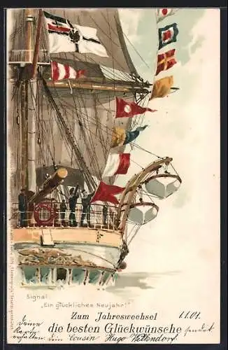 Künstler-AK Hans Bohrdt: Signal des Kriegsschiffes Ein glückliches Neujahr