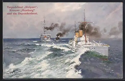 Künstler-AK Hans Bohrdt: Torpedoboot Sleipner, Kreuzer Hamburg und ein Depeschenboot