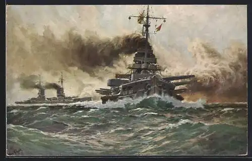 Künstler-AK Hans Bohrdt: Kriegsschiff SM Linienschiff Kaiser & Friedrich der Grosse auf bewegter See