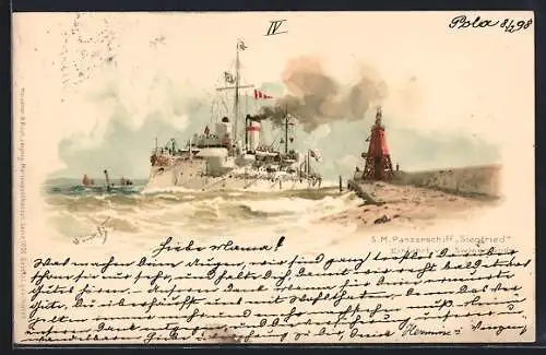 Künstler-AK Hans Bohrdt: Swinemünde, SM Panzerschiff Siegfried bei Hafeneinfahrt, Leuchtturm