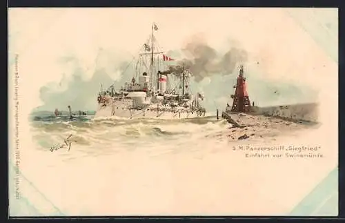 Künstler-AK Hans Bohrdt: Swinemünde, SM Panzerschiff Siegfried bei Hafeneinfahrt, Leuchtturm