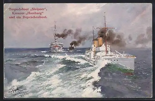 Künstler-AK Hans Bohrdt: Torpedoboot Sleipner, Kreuzer Hamburg und ein Depeschenboot