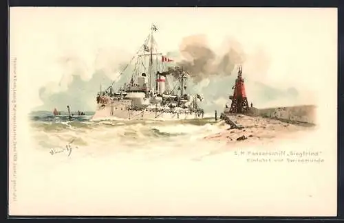 Künstler-AK Hans Bohrdt: Swinemünde, SM Panzerschiff Siegfried bei Hafeneinfahrt, Leuchtturm