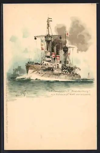 Künstler-AK Hans Bohrdt: S.M. Panzerschiff Brandenburg verlässt Kiel