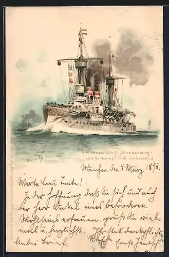 Künstler-AK Hans Bohrdt: S.M. Panzerschiff Brandenburg verlässt Kiel