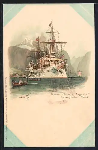 Künstler-Lithographie Hans Bohrdt: Kreuzer Kaiserin Augusta, Norweg. Fjord