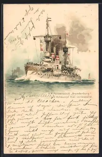 Künstler-AK Hans Bohrdt: Kriegsschiff S. M. Panzerschiff Brandenburg mit Volldampf Kiel verlassend
