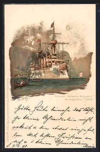 Künstler-Lithographie Hans Bohrdt: Kreuzer Kaiserin Augusta, Norweg. Fjord