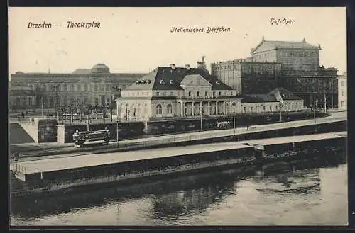 AK Dresden, Theaterplatz, Italienisches Dörfchen und Hof-Oper mit Strassenbahn
