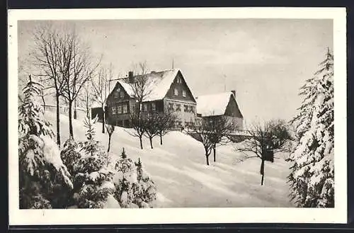 AK Lauenstein /Sa., Verschneites Schülerheim der öffentl. Handelslehranstalt der Dresdner Kaufmannschaft