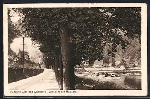 AK Heidelberg /Neckar, Hacker`s Café und Konditorei, Blick von Allee mit Kahn auf Flusspartie