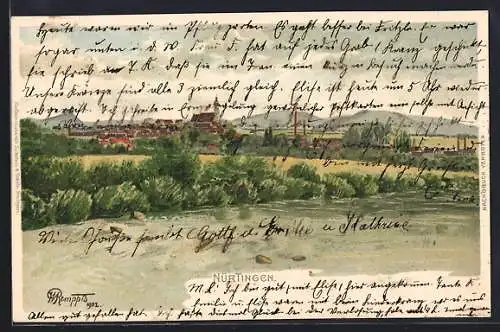 Künstler-AK Nürtingen, Flusspartie mit Ortsansicht