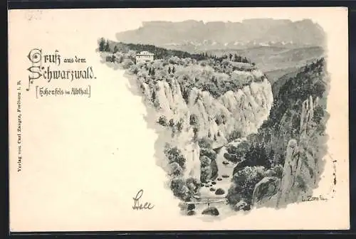 Künstler-AK Hohenfels im Albthal, Teilansicht der Schlucht mit Bergflusspartie