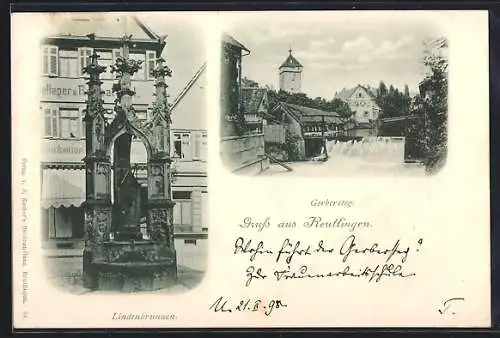 AK Reutlingen, Lindenbrunnen und Gerbersteg