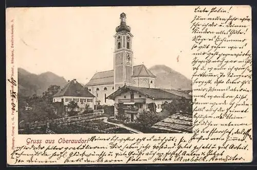 AK Oberaudorf, Ortspartie mit Kirchturm