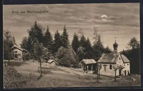 AK Nüchternbrunn, Ortspartie mit Kapelle im Mondschein