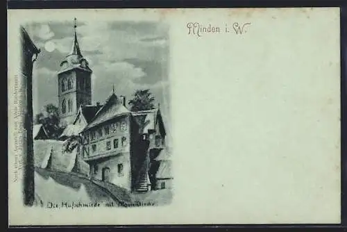 Mondschein-AK Minden i. W., Die Hufschmiede mit Marienkirche