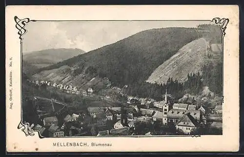 AK Mellenbach-Blumenau, Ortsansicht aus der Vogelschau mit Bergpanorama