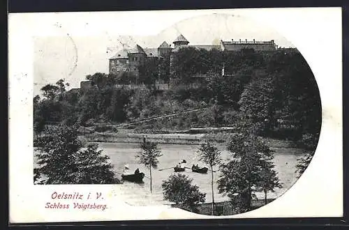 AK Oelsnitz i. V., Schloss Voigtsberg mit Ruderbooten auf dem See