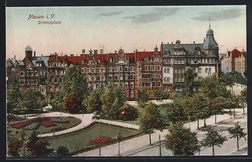 AK Plauen i. V., Parkanlage am Dittrichplatz mit Häusern