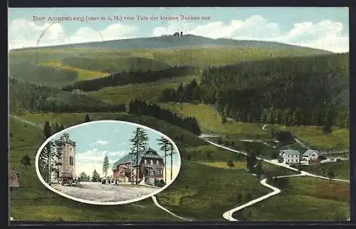 AK Auersberg, Gasthaus Auersberghaus, Inh. Albert Heinz, Blick auf den Berg vom Tale der kleinen Bockau