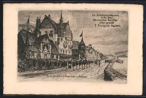 Künstler-AK Assmannshausen a. Rhein, Ortsansicht mit Dichter u. Künstlerheim z. Krone