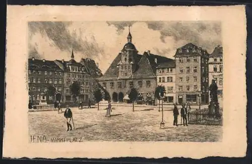 Künstler-AK Jena, Partie am Marktplatz mit Denkmal und Rathaus
