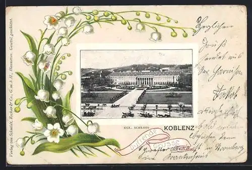 AK Koblenz, Kgl. Schloss mit Parkanlage und Pferdekutschen im Maiglöckchen-Passepartout