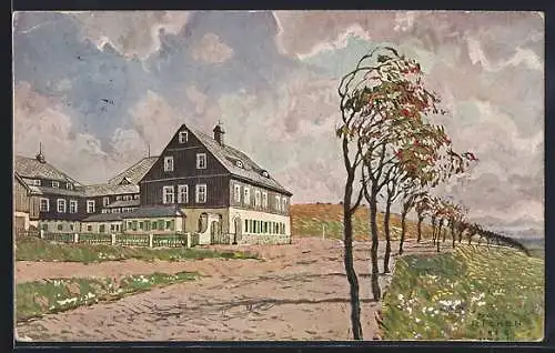 Künstler-AK Oberwiesenthal, Gasthaus Neues Haus