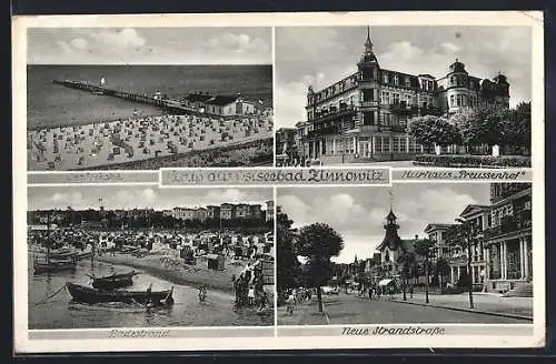 AK Zinnowitz, Neue Strandstrasse, Seebrücke und Kurhaus Preussenhof, 