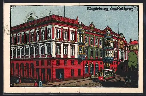 Steindruck-AK Magdeburg, Strassenbahn vor dem Rathaus