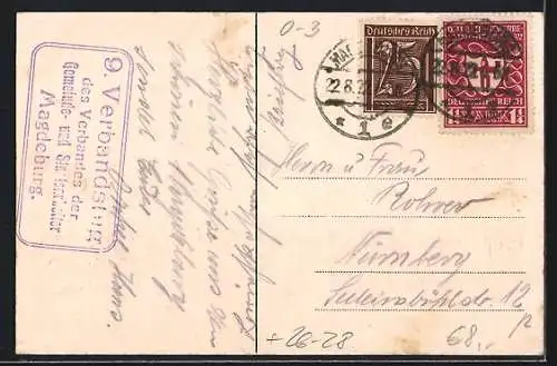 Steindruck-AK Magdeburg, Strassenbahn vor dem Rathaus