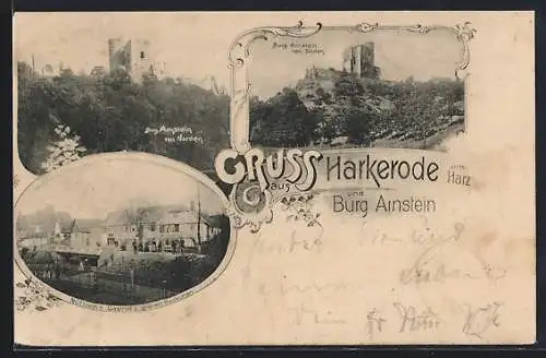 AK Harkerode am Harz, Gasthaus z. grünen Röckchen, Burg Arnstein von Norden und Süden