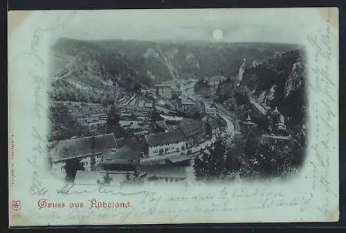 Mondschein-AK Rübeland, Gesamtansicht der Ortschaft