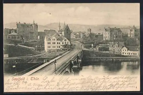 AK Saalfeld i. Thür., Ortsansicht mit Brücke und Saale
