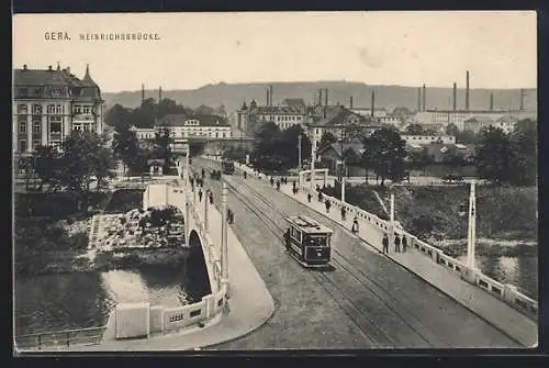 AK Gera, Strassenbahn auf der Heinrichsbrücke