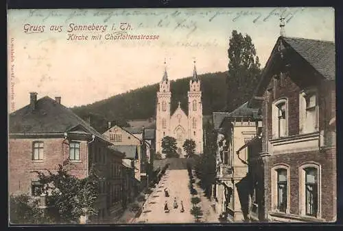 AK Sonneberg / S.-M., Kirche mit Charlottenstrasse