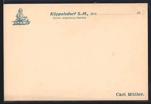 AK Köppelsdorf /S.-M., Korrespondenzkarte der Spielwarenfabrik Carl Müller, Kind auf einem Schlitten