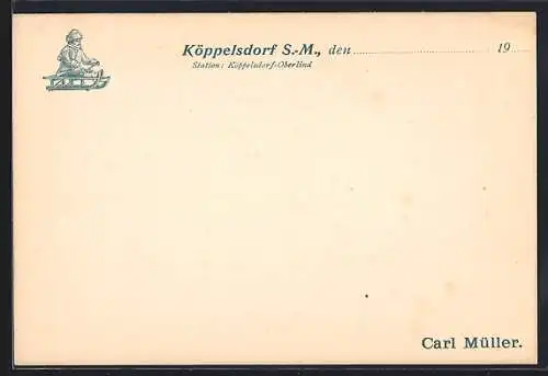 AK Köppelsdorf /S.-M., Korrespondenzkarte der Spielwarenfabrik Carl Müller, Kind auf einem Schlitten