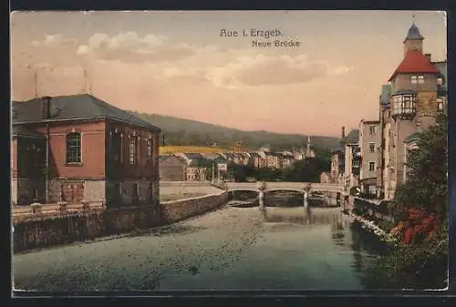 AK Aue i. Erzgeb., Flusspartie an der Neuen Brücke