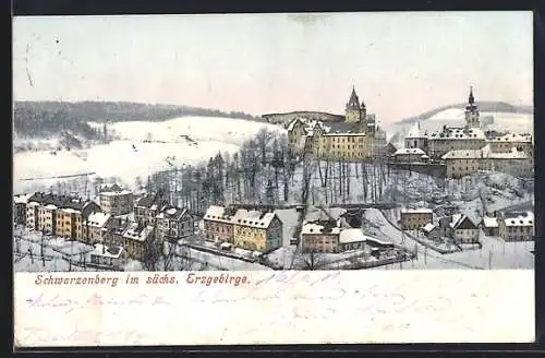 AK Schwarzenberg im sächs. Erzgebirge, Ortsansicht im Winter