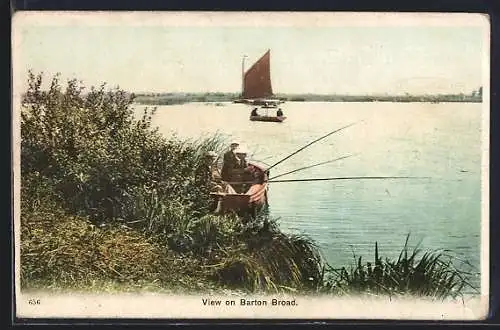 AK Barton Broad, Uferpartie mit Anglern und Booten