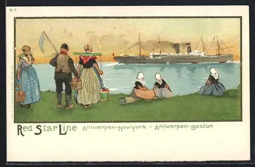 Künstler-AK Henri Cassiers: Red Star Line, Menschen beobachten den Dampfer